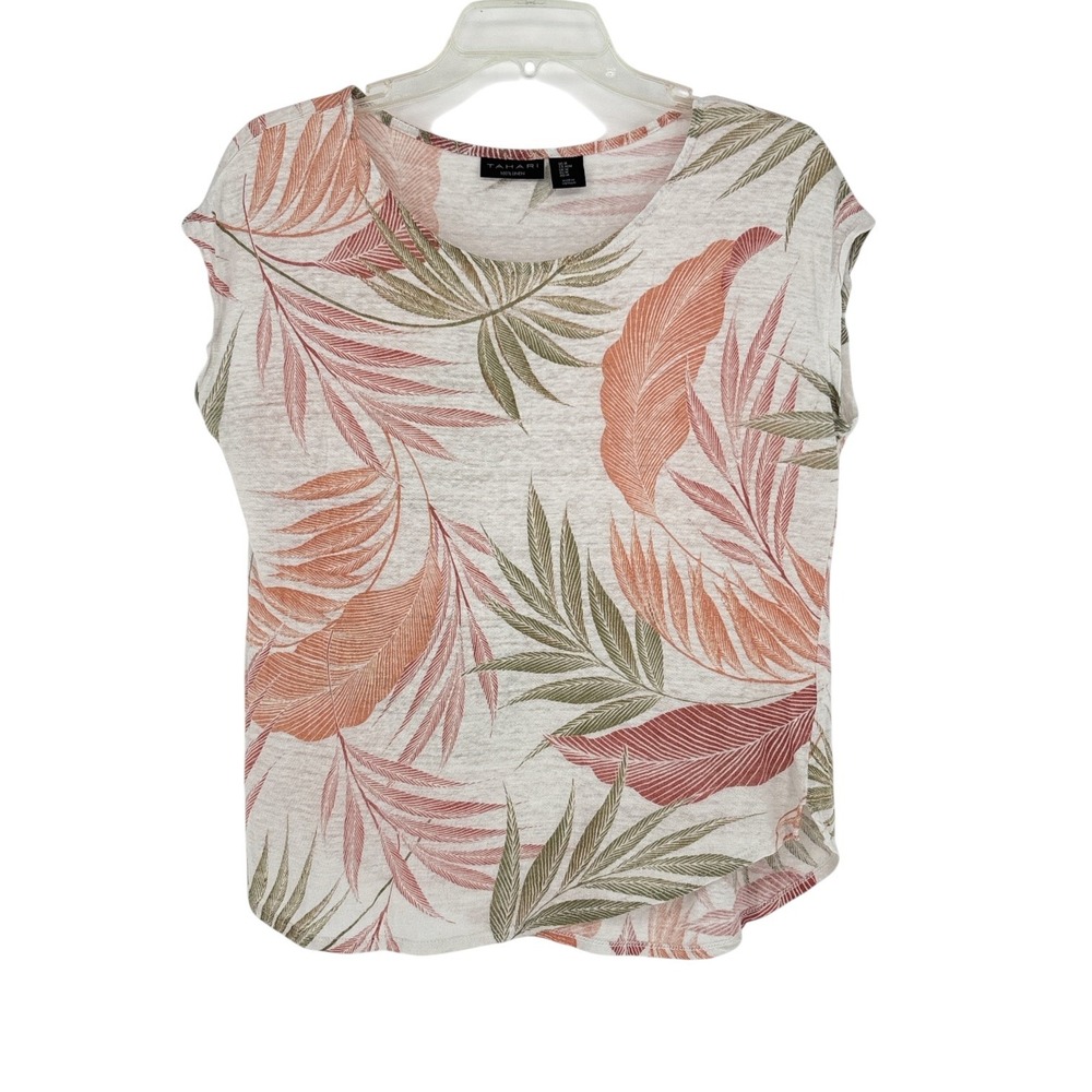 Tahari Linen Tropical Palm Leaf Print Top Beige Coral Short Sleeve Size Medium